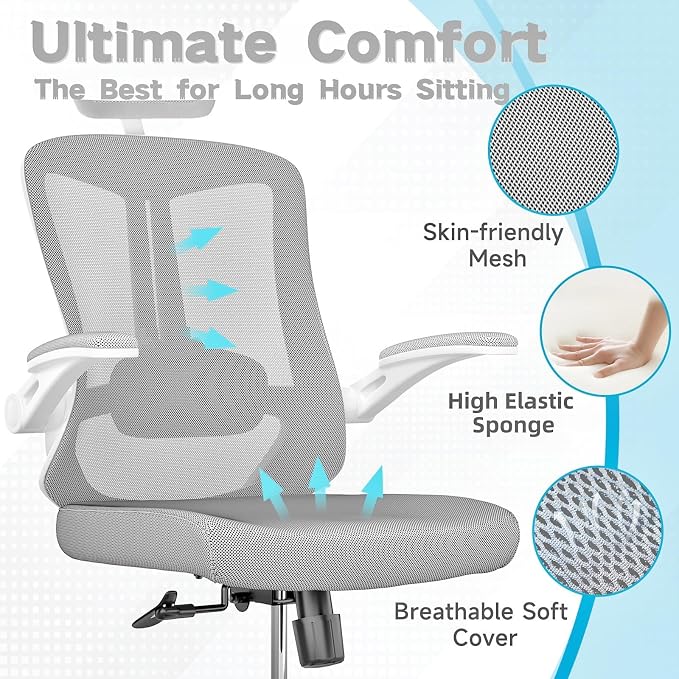Ergonomic Office Chair - 350LB Comfy Desk Chairs with Adjustable Headrest and Lumbar Back Support, Mesh Computer Chairs with Wheels and Arms for Home Office, Study (Gray-with Headrest)