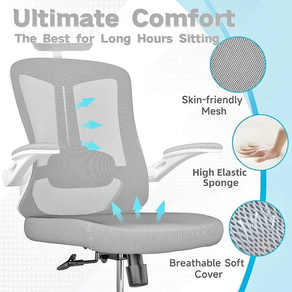 Ergonomic Office Chair - 350LB Comfy Desk Chairs with Adjustable Headrest and Lumbar Back Support, Mesh Computer Chairs with Wheels and Arms for Home Office, Study (Gray-with Headrest)