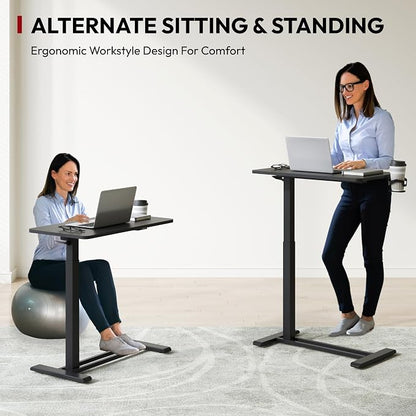 SANODESK Mobile Standing Desk with Hidden Wheels,Pneumatic Laptop Desk Rolling Computer Cart Movable Height Adjustable Small Sit Stand Desk for Home Office(27.6" W x 15.7" D, Black)