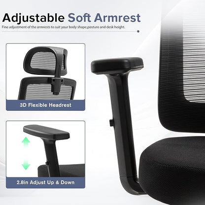 Ergonomic Office Chair with Headrest, Mesh Office Chair for Long Sitting, Comfortable Desk Chair with Flip-Up Arms, Adjustable Swivel Computer Chair for Home Office, Study, Gaming, Black