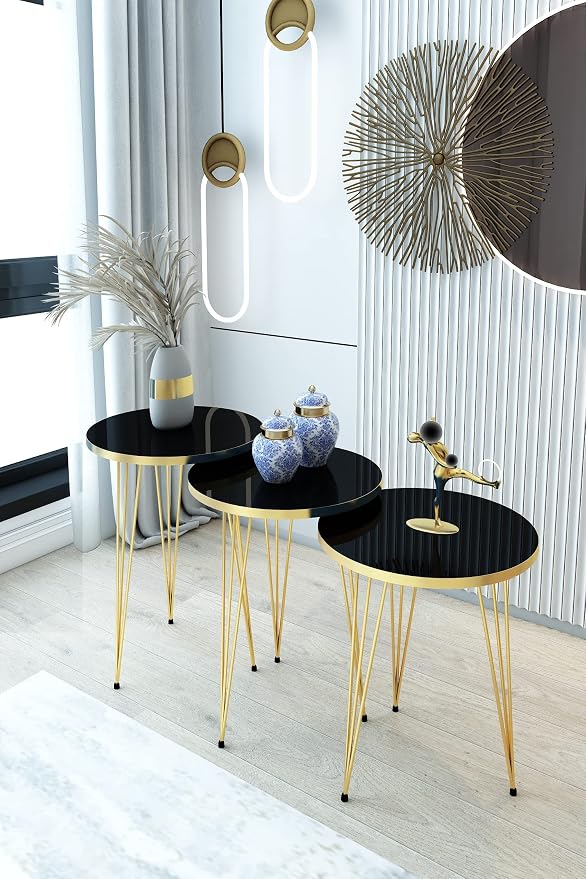 Set of 3 High Gloss Black Gold Legs Nesting End Tables Round Wood Stacking Coffee Side Accent Table with Metal Legs for Living Room, Home Office, Nightstands for Bedroom