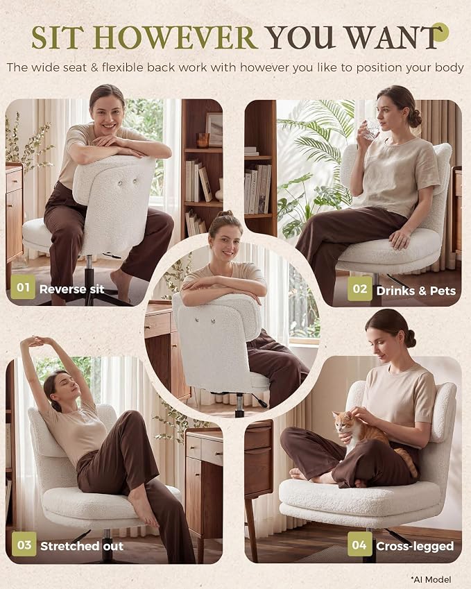 COMHOMA Vanity Chair with Ergonomic Curved Backrest, Home Office Desk Chair with Silent Wheel, Wide Seating Computer Chair for Girls Women Bedroom, Soft Teddy Fabric, White