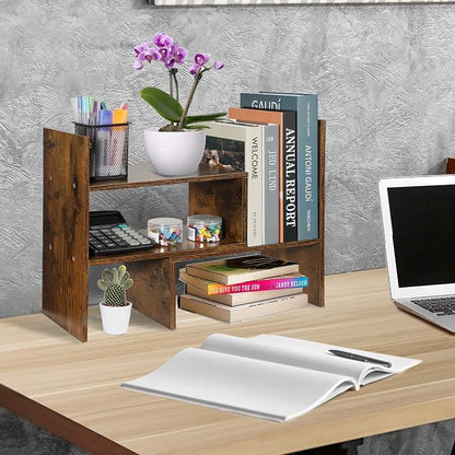 Sorfity Expandable Wood Desktop Bookshelf Desktop Organizer Office Storage Rack Wood Display Shelf, Counter Storage Rack Top Bookcase - Freestyle Display Natural Stand Office Supplies Desk Organizer