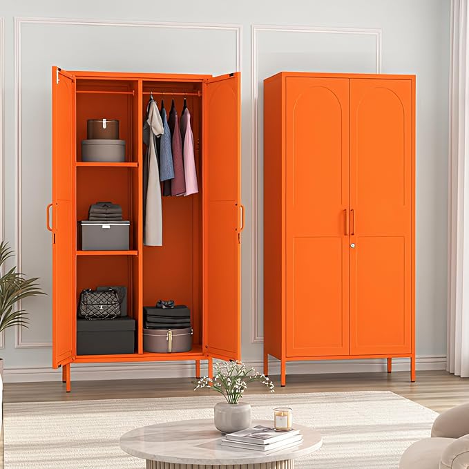 Metal Storage Wardrobe Cabinet with Lock, 67" Armoire Storage Cabinets Locker with Shelves and Hanging Rod, Steel Freestanding Metal Locker for Home Bedroom Orange 67" H X 31.5" W X 18.1" D