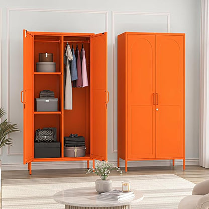 Metal Storage Wardrobe Cabinet with Lock, 67" Armoire Storage Cabinets Locker with Shelves and Hanging Rod, Steel Freestanding Metal Locker for Home Bedroom Orange 67" H X 31.5" W X 18.1" D