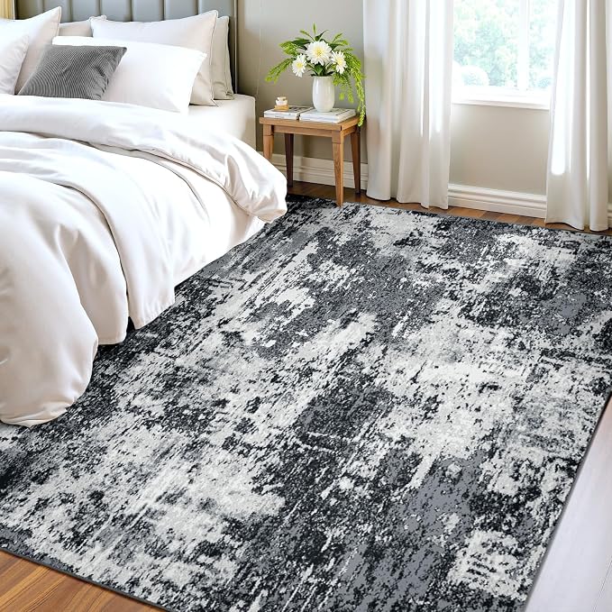 RELEANY Washable Area Rugs 4'x6' Non-Slip Modern Abstract Soft for Living Room Entryway Bedroom Kitchen, Print Pattern, Black Navy Blue Gray