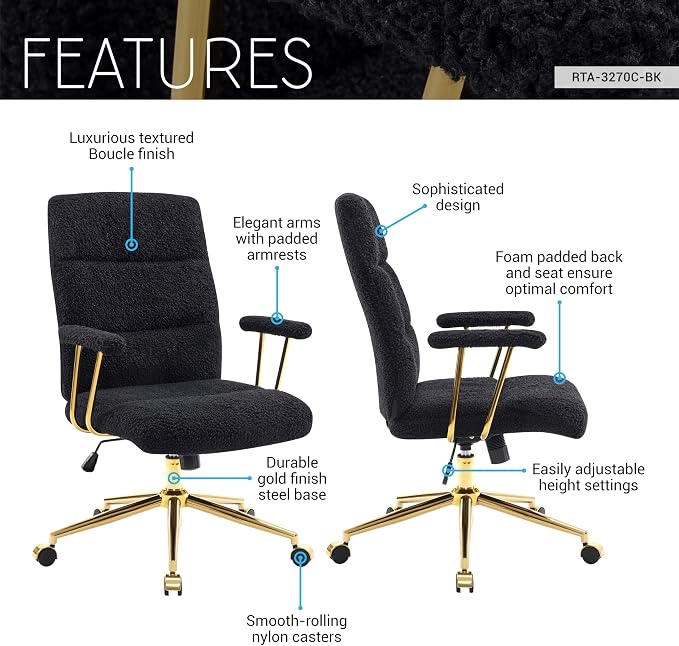Elegant Black and Gold Office Chair with Textured Boucle Fabric, Modern Desk Chair with Padded Seat, Height Adjustable with Durable Gold Base