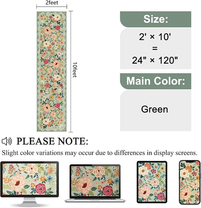 DUKINO 2x10 Kitchen Runner Rug for Hallway, Washable Runner Rug with Non Slip Backing, Low Pile Soft Boho Floral Carpet for Kitchen, Hallway, Entryway, Laundry, Bedroom, Green