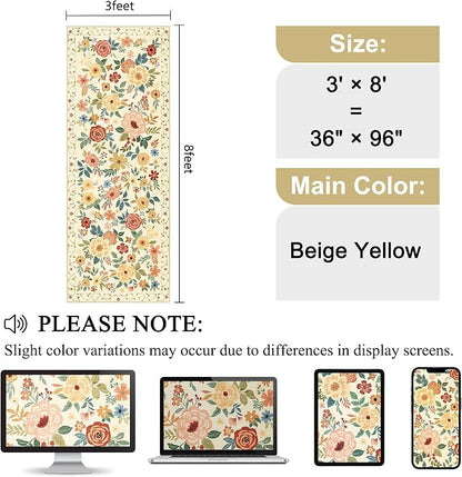 DUKINO 3x8 Washable Runner Rug, Non Slip Soft Floral Hallway Runner Rug with Non Shedding Design, Low Pile Loog Carpet for Kitchen, Hallway, Bathroom, Entryway, Laundry, Beige Yellow