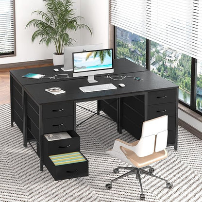 YOMILUVE 50 Inch Computer Desk with 8 Drawers, Home Office Desk with Power Outlets, Work Study Gaming Desk with 8 Fabric Drawers, Black