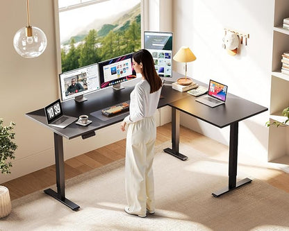 Casaottima 63 Inch Reversible L Shaped Electric Standing Desk, Ergonomic Height Adjustable Desk, Large Lift Corner Stand up Table for Workstation, Home Office, Reception Room, Black