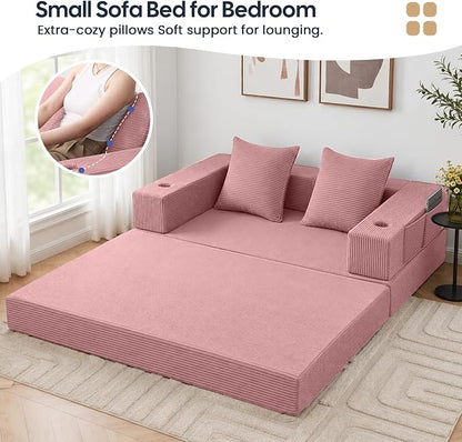 COMAX Futon Sofa Bed, 4‑in‑1 Convertible Sofa Bed, Folding Boneless Couches | Boneless Couch for living room, Fold Out Small Foldable Loveseat Floor Sleeper Mattress Lounge Space‑Saving, Pink