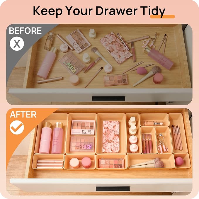Vtopmart 25 PCS Plastic Drawer Organizers Set, 4-Size Versatile Bathroom and Vanity Drawer Organizer Trays, Storage Bins for Makeup, Bedroom, Kitchen Gadgets Utensils and Office