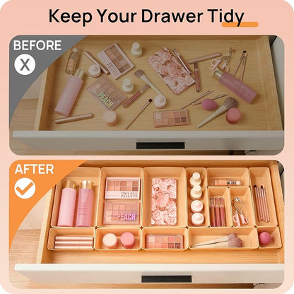 Vtopmart 25 PCS Plastic Drawer Organizers Set, 4-Size Versatile Bathroom and Vanity Drawer Organizer Trays, Storage Bins for Makeup, Bedroom, Kitchen Gadgets Utensils and Office