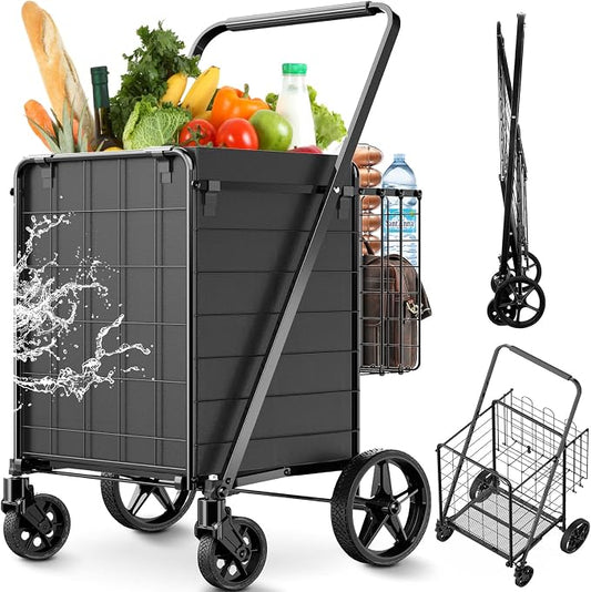 Upgraded Shopping Cart for Groceries,330LBS Jumbo Grocery Cart with Waterproof Liner, 360° Rolling Swivel Wheels and Double Basket, Heavy Duty Folding Shopping Carts for Laundry Transport