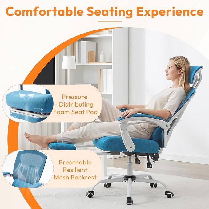 Ergonomic Desk Chair, High Back Office Chair with Wheels and Arms, Computer Chair with Footrest, Swivel Reclining Gaming Chair with Headrest, Comfy Armrest for Home, Office, Work, Study, Blue