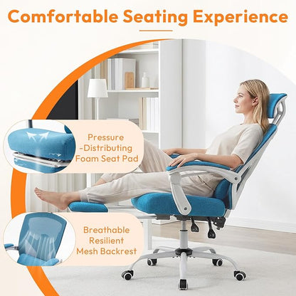 Ergonomic Desk Chair, High Back Office Chair with Wheels and Arms, Computer Chair with Footrest, Swivel Reclining Gaming Chair with Headrest, Comfy Armrest for Home, Office, Work, Study, Blue