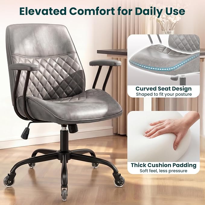 NEO CHAIR Ergonomic Leather Office Desk Chair with Adjustable Armrests Mid Back Lumbar Support Swivel Executive Computer Chair with Wheels Comfy Home Office Chair for Adults (Grey)
