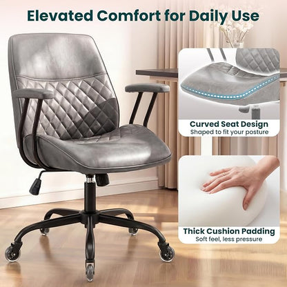 NEO CHAIR Ergonomic Leather Office Desk Chair with Adjustable Armrests Mid Back Lumbar Support Swivel Executive Computer Chair with Wheels Comfy Home Office Chair for Adults (Grey)