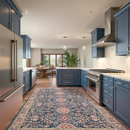 Goideal Washable Rug 3x5, Vintage Area Rugs Non Slip, Indoor Low Pile Carpet with Rubber Backing for Living Room Kitchen Bathroom Entryway Office Bedroom,Deep Navy & Terracotta