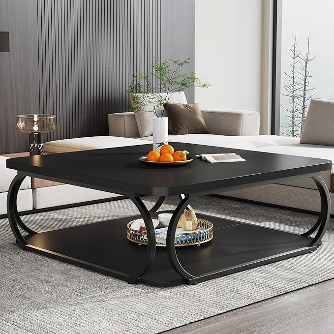 Tribesigns Square Coffee Table with Open Storage Shelf for Living Room, 39 Inch Large Wood Center Table 2 Tier Low Coffee Tables Farmhouse Tea Table with Metal Frame for Home Office, Black