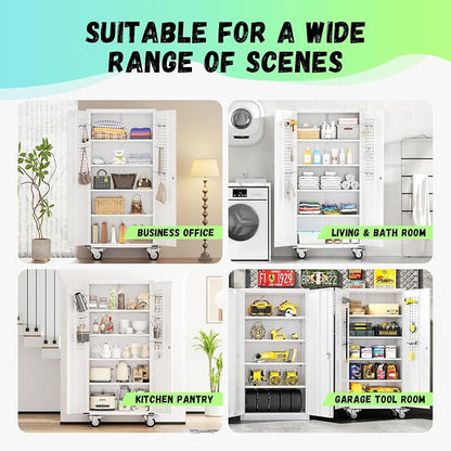 INTERGREAT Metal Storage Cabinet with Wheels, 72" Locking Storage Cabinets with Door and 4 Shelves, Tool Storage Locker on Casters for Home Office, White…