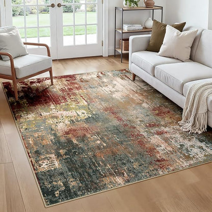 RELEANY Washable Area Rugs Square 6ft Non-Slip Modern Abstract Soft for Living Room Entryway Bedroom Kitchen, Print Pattern, Brown Rust Red Green Blue Multi