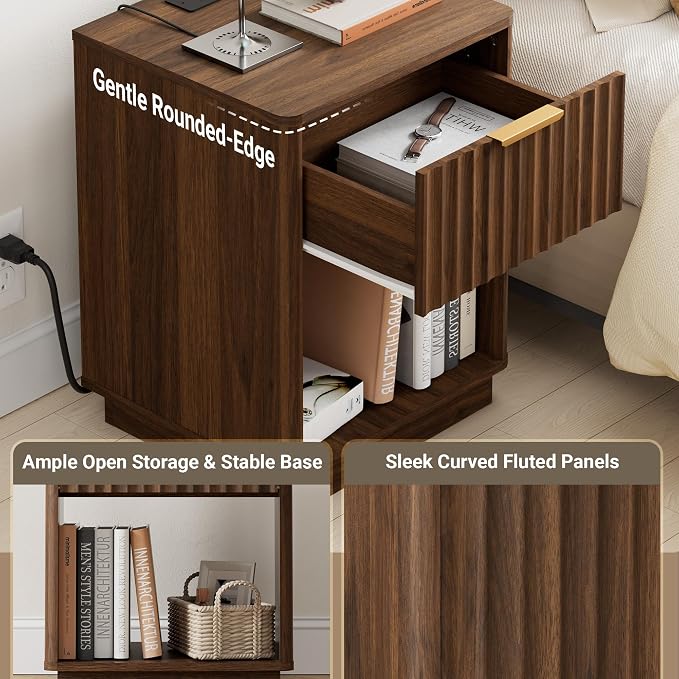 Fluted Nightstand, Night Stand Set 2, Large Walnut Nightstands Set of 2 with Charging Station, 23" Wide End Table with Drawer & Open Shelf, Modern Bedside Table for Bedroom, Curved Corners