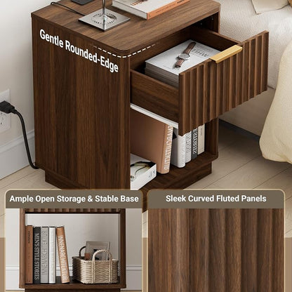 Fluted Nightstand, Night Stand Set 2, Large Walnut Nightstands Set of 2 with Charging Station, 23" Wide End Table with Drawer & Open Shelf, Modern Bedside Table for Bedroom, Curved Corners
