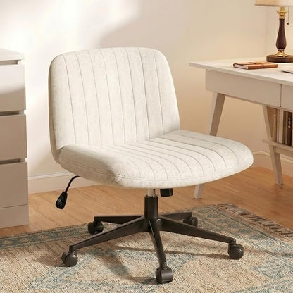 Criss Cross Chair with Wheels, 26" Wide Cross Legged Office Chair with Adjustable Height, Armless Fabric Swivel Vanity Chair for Home Office, Bedroom, Makeup & Long Hours Sitting (Beige)