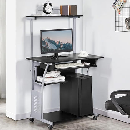 Topeakmart 3 Tier Computer Desk with Printer Shelf and Keyboard Tray, Home Office Desk Computer Workstation Rolling Study PC Laptop Table for Small Spaces Black