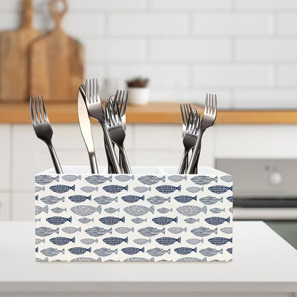 Fishing Decor, Coastal Beach Fish Pen Pencil Holder Organizer for Desk, Fishing Gifts, Blue Nautical Ocean Fishing Wooden Box Block Sign for Beach House Office Tabletop Decor