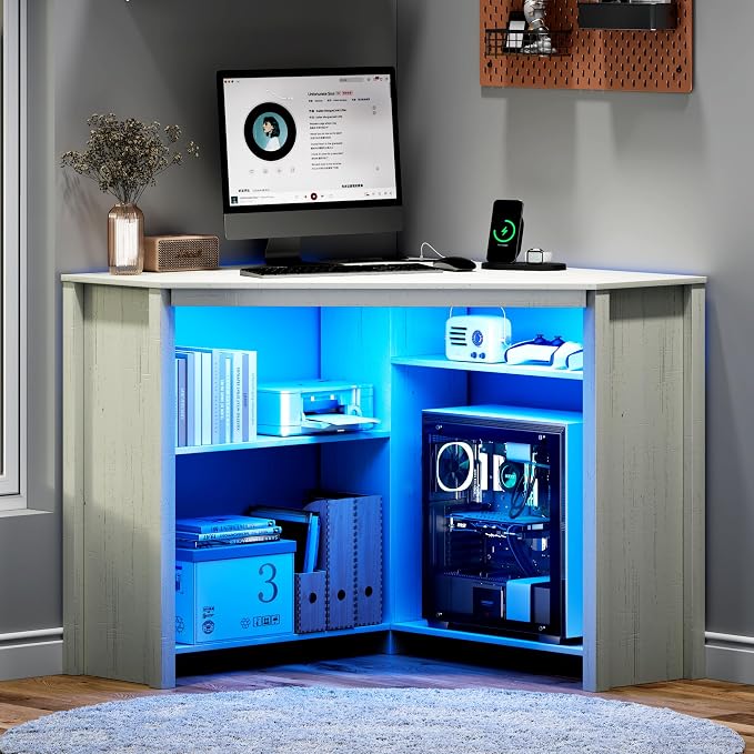 Corner Desk with Charging Station & LED Light, Triangle Computer Desk for Small Spaces with Storage Shelves & CPU Stand, Space Saving Writing & Makeup Vanity Desk -White