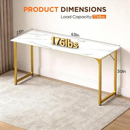 PayLessHere | 63 Inch Computer Desk | White Gold | Office Desk with Metal Frame, Adjustable Feet | Water-Resistant, Scratchproof Surface | Sturdy Writing Table for Home Office or Study | Pack of 1
