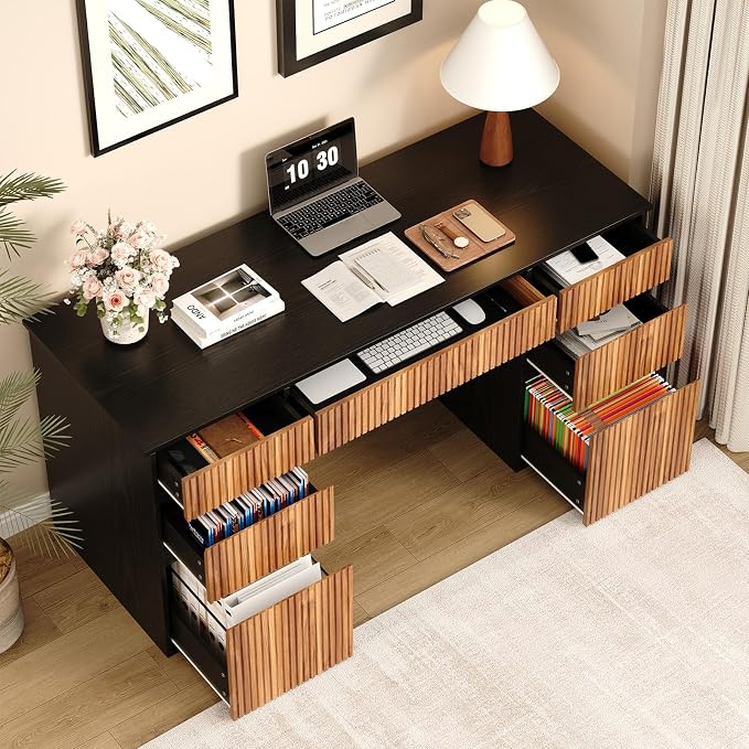 4 EVER WINNER Desk with Drawers, 58" Executive Office Desk with 7 Drawers, Computer Desk with File Drawers for Living Room, Home Office, Study Table for Bedroom, Black