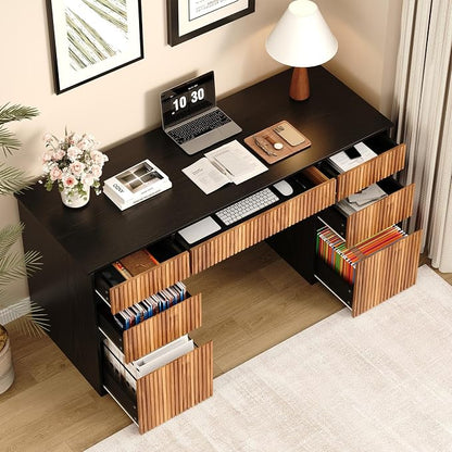 4 EVER WINNER Desk with Drawers, 58" Executive Office Desk with 7 Drawers, Computer Desk with File Drawers for Living Room, Home Office, Study Table for Bedroom, Black