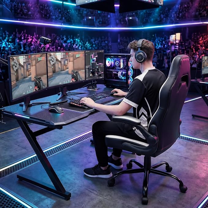 DUMOS Computer Game Desk Chair - Ergonomic PU Leather Lumbar Support, Height Adjustable High Back Video Game with Flip-up Armrest, Rolling Swivel for Adults, Deep Grey