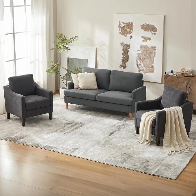 VKNOW Mid-Century Accent Chair, No Tools Assembly Required, Modern Upholstered Polyester Armchair for Living Room,Comfy Reading Accent Chairs with Wood Legs for Bedroom, Dark Grey