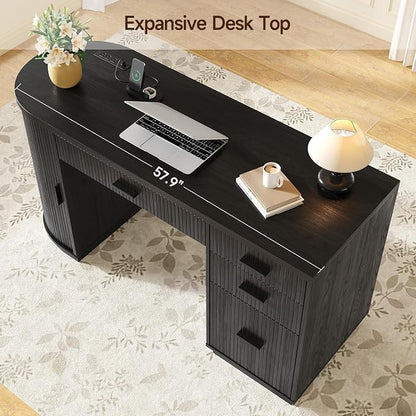 ONBRILL 58 Inch Fluted Executive Desk, Computer Desk with Storage Drawers & File Drawer, Modern Home Office Desk with Charging Station for Working, Studying, Writing, Black