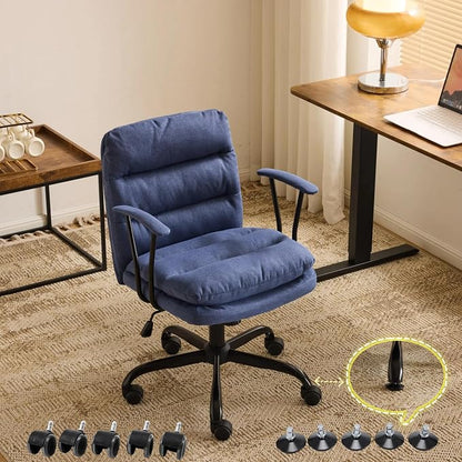 VINGLI Comfortable Office Desk Chairs with/No Wheels,Dual-Base,Removable Armrests,Adjustable Comfy Rolling Swivel Computer Nail Tech Chair for Office,Sewing,Makeup Vanity,Teen,Linen Fabric,Navy Blue