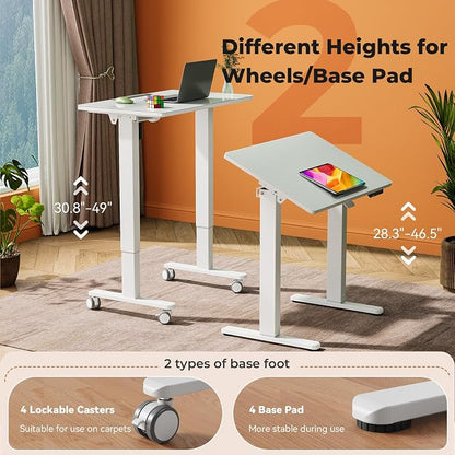 32inch Glass Standing Desk，90° Tiltable Mobile Rising Desk Height Adjustable，Whole Piece Rolling Sit Stand Table with Wheels，Foldable Small Laptop Desk，White