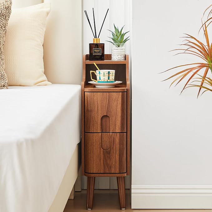 Narrow End Table Living Room, Wooden Small 2 Drawer Nightstand Bedroom, Thin Couch Side End Table, Vintage Skinny Bedside Table Small Spaces, Mid Century Modern Night Stand with Drawers (Walnut-1 pc)