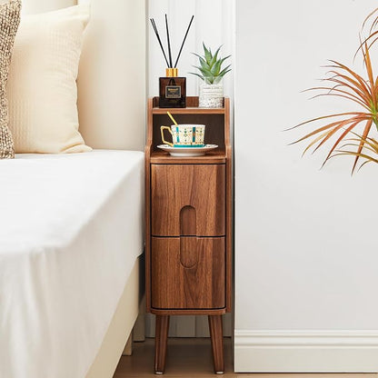 Narrow End Table Living Room, Wooden Small 2 Drawer Nightstand Bedroom, Thin Couch Side End Table, Vintage Skinny Bedside Table Small Spaces, Mid Century Modern Night Stand with Drawers (Walnut-1 pc)