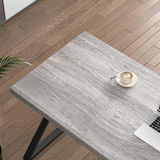 FOLUBAN Modern Desk, Rustic Wood and Metal Computer Desk for Home Office, Simple Study Writing Gaming Table for Bedroom Living Room, Light Grey, 53 Inch