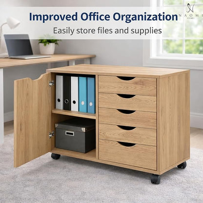 Naomi Home Under Desk Rolling Office File Cabinet with 5 Drawers & Side Storage Cabinet, Mobile Organizer with Shelves & Swivel Casters for Home Office - Natural