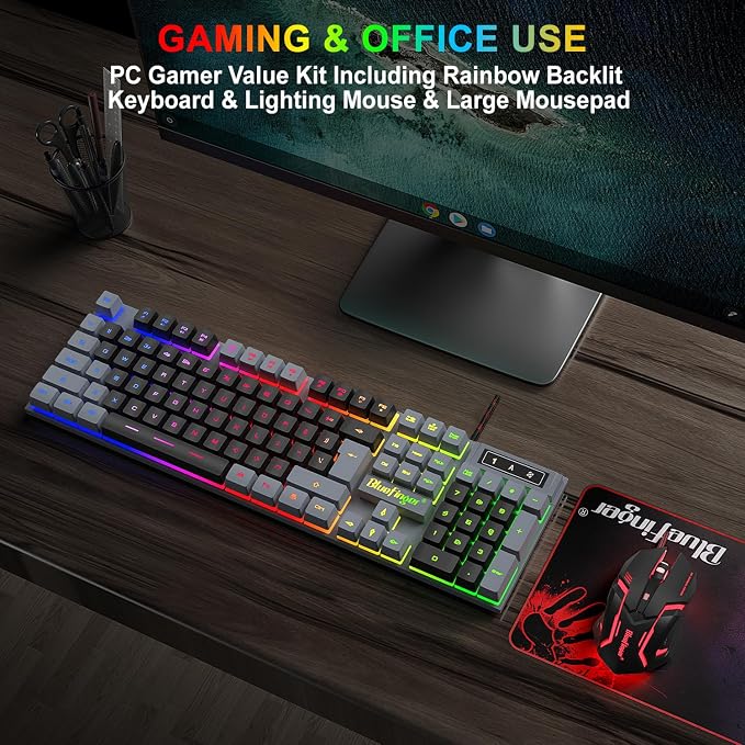 BlueFinger RGB Gaming Keyboard and Backlit Mouse Combo, USB Wired, LED Gaming Set for Laptop PC Computer Game and Work(Gray & Black)