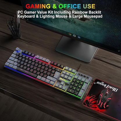 BlueFinger RGB Gaming Keyboard and Backlit Mouse Combo, USB Wired, LED Gaming Set for Laptop PC Computer Game and Work(Gray & Black)