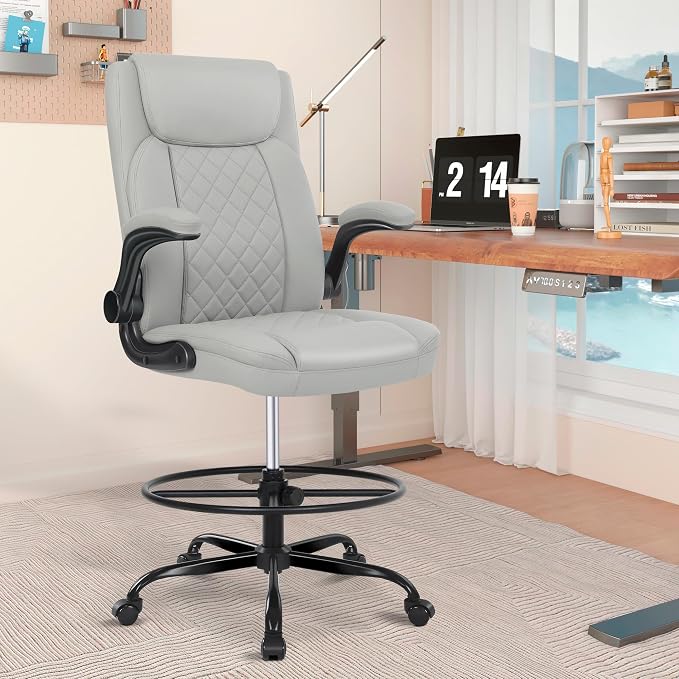 Misolant Drafting Chair, Tall Office Chair for Standing Desk, Standing Chair with Adjustable Height and Flip-up Armrest, Leather Drafting Chair, High Office Chair for Counter Height Desk