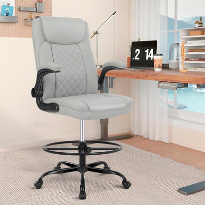 Misolant Drafting Chair, Tall Office Chair for Standing Desk, Standing Chair with Adjustable Height and Flip-up Armrest, Leather Drafting Chair, High Office Chair for Counter Height Desk