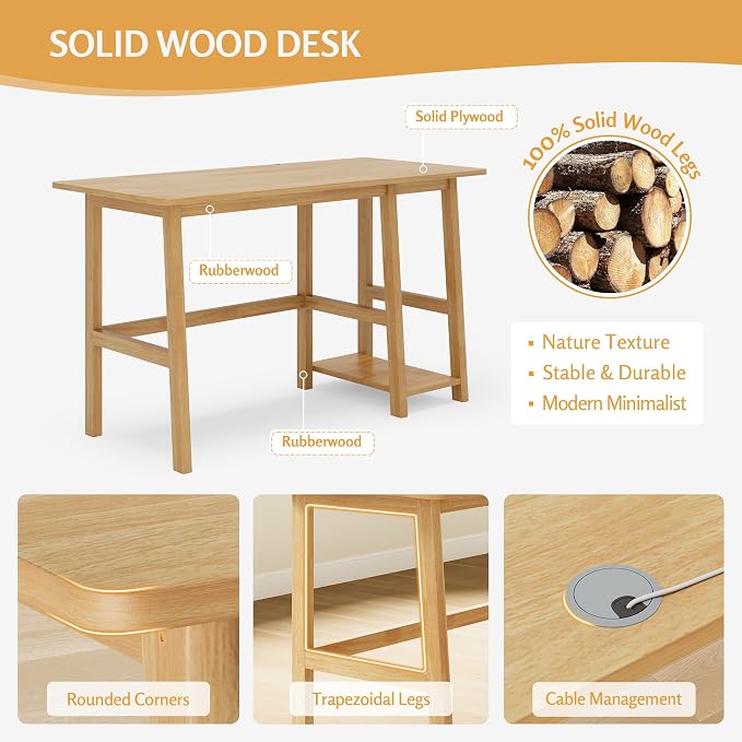 NELYE Solid Wood Computer Desk - 52" W x 24" D Modern Minimalist Table with Shelf，Sturdy Computer Workstation for Home Office, Oak